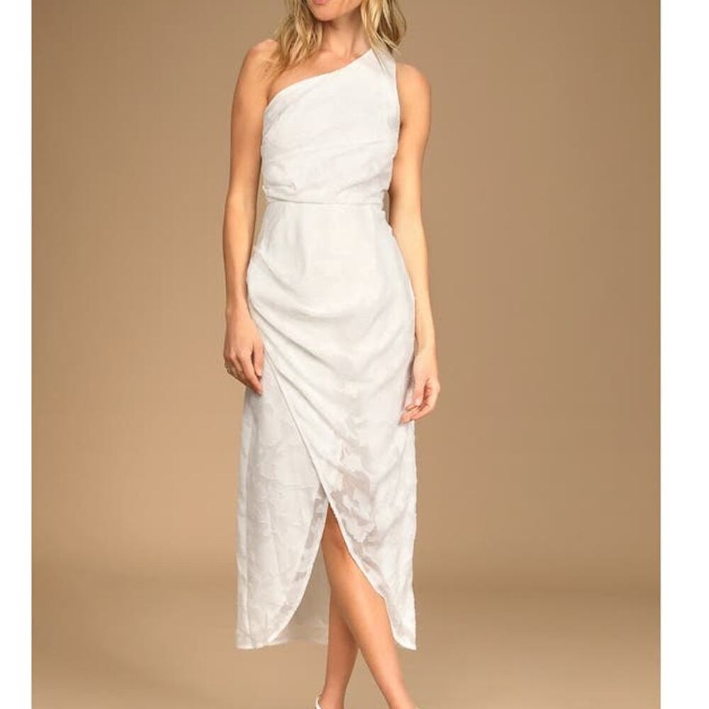 Lulu's One-Shoulder White Tulip-Hem Midi Dress